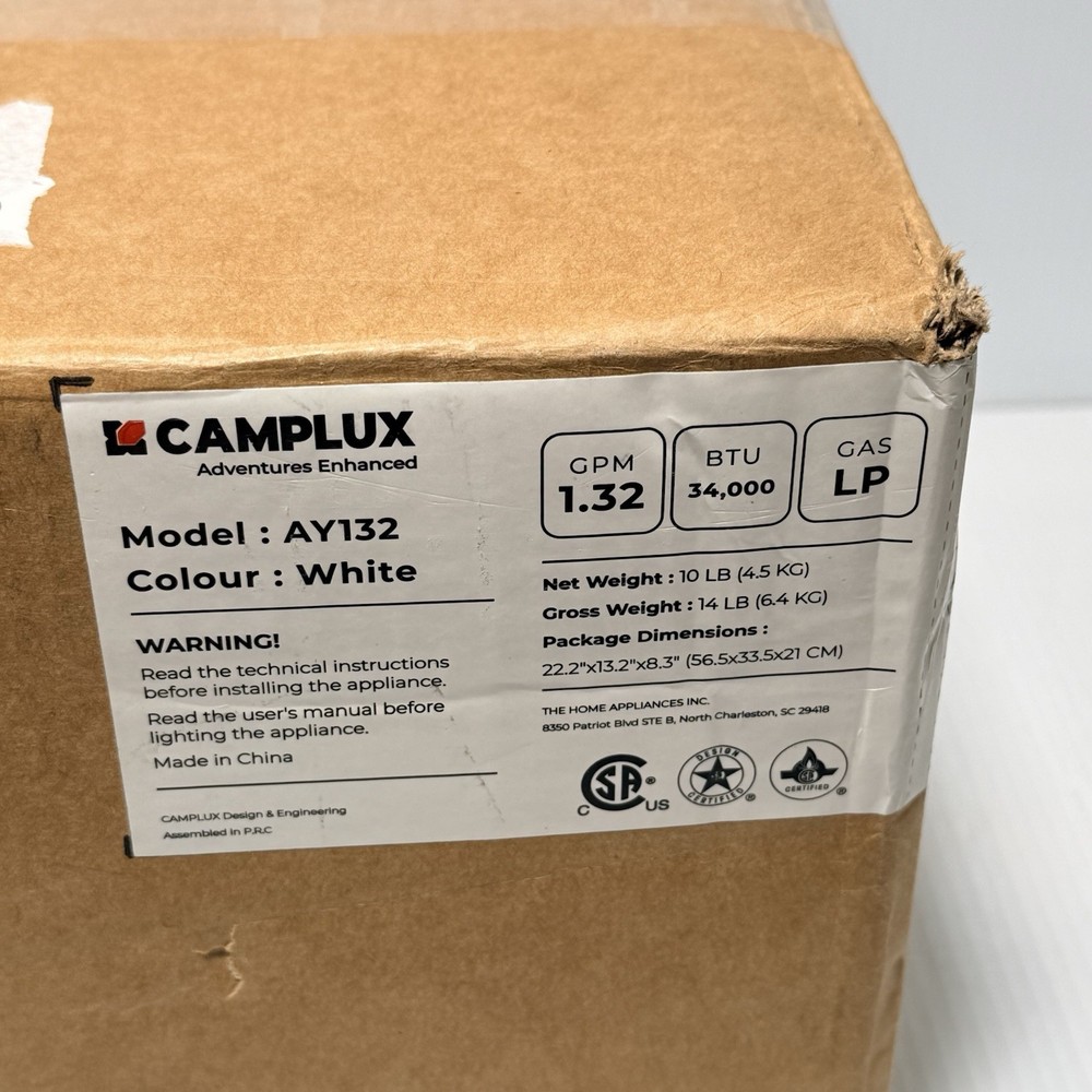 Camplux Model AY132 Outdoor Portable Tankless Water Heater 28000 BTU/hr - White