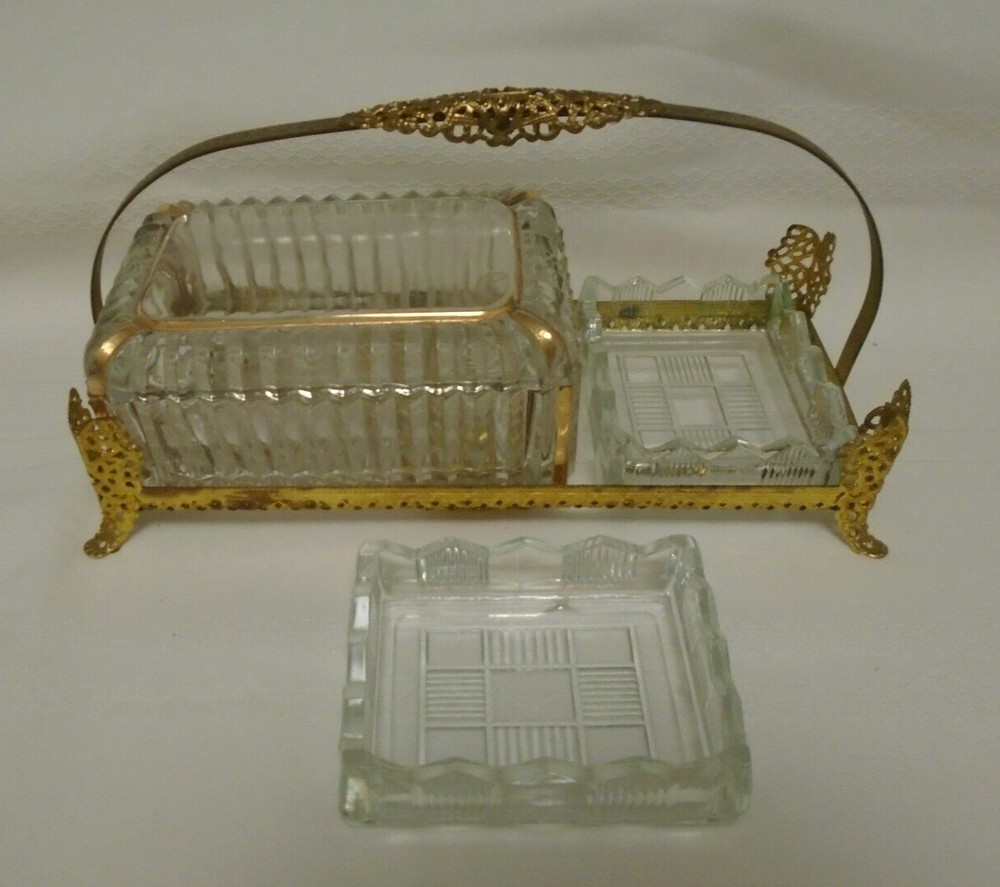 VICTORIAN CIGARETTE BOX & MATCHING CIGARETTE HOLDER BRASS & GLASS