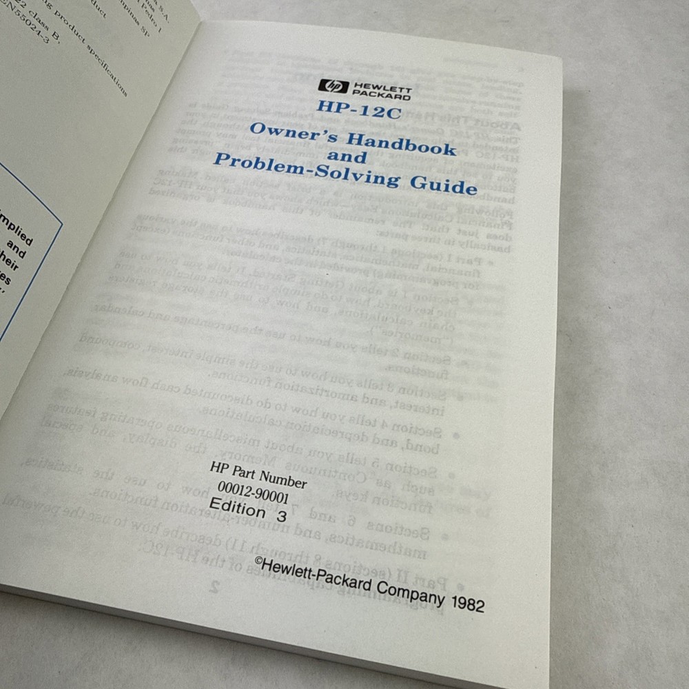 HP-12C Calculator Owner's Handbook and Problem Solving Guide Vtg 1982 Edition 3