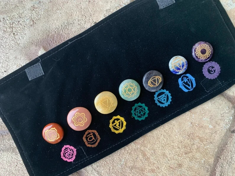 Chakra Disc Set, 7 Chakra Stones ,Chakra Grid Set,Engraved Disc Set, Chakra