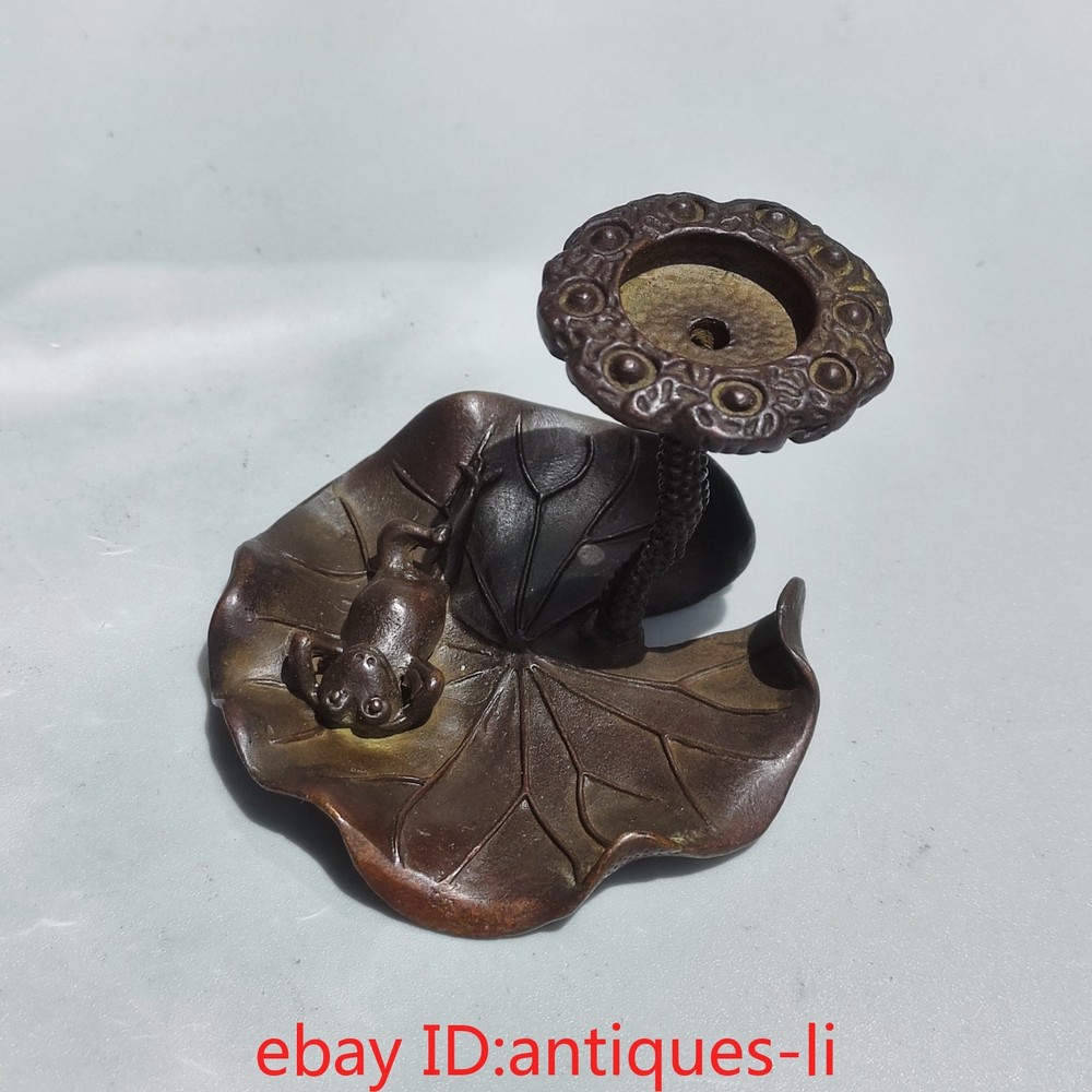 China antique purple copper solid lotus leaf frog shape backflow incense stick