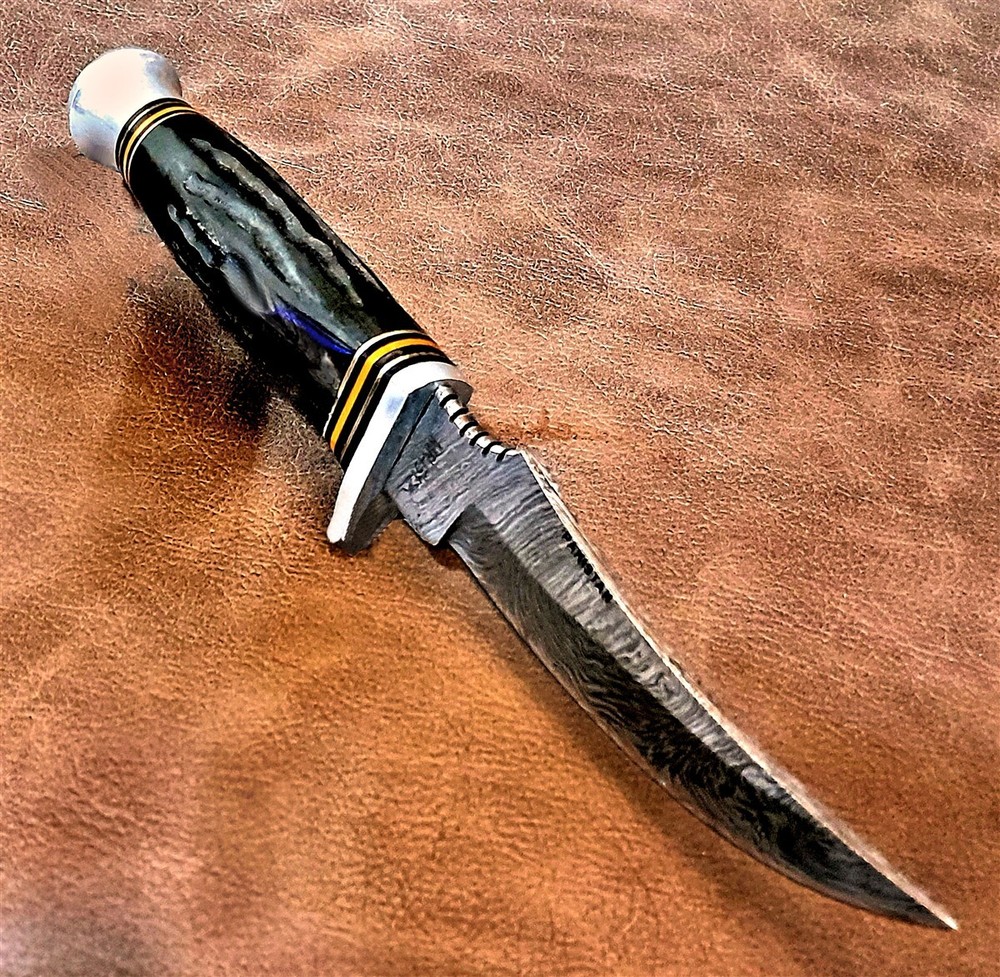Real Damascus 9" Hunter Skinner Knife w/Bone Handle, Leather Sheath