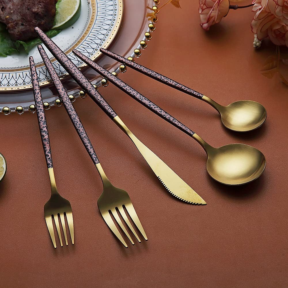 Silverware 20 Pieces Moon Surface Handle and Matte Gold Head Flatware Stainle...