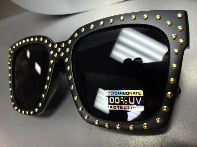 Oversize Exaggerated Vintage Retro Style SUNGLASSES Large Black Frame Gold Studs