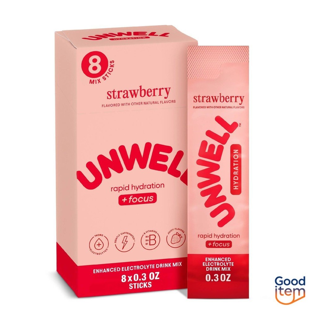 Unwell Hydration Electrolyte Stick Pack Rapid Hydration - Focus Strawberry - 8pk