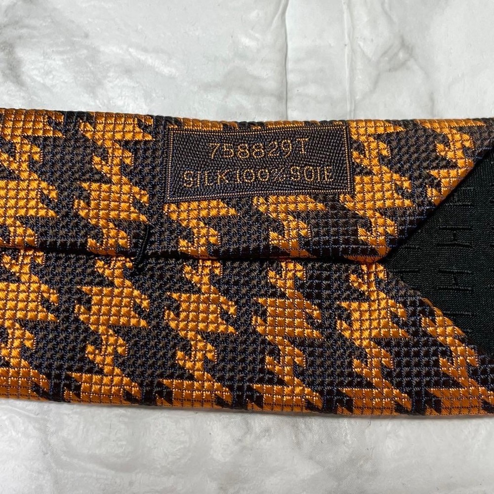 Hermes Houndstooth Silk Tie Orange Brown Unused Classic Pattern