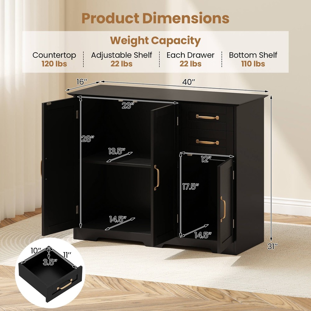 40" Sideboard Buffet Cabinet Modern Kitchen Storage Organizer with 2 Drawers