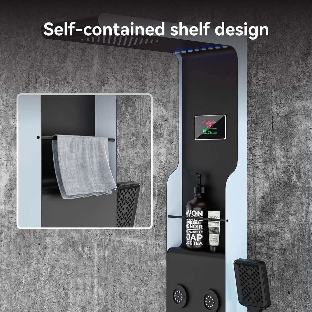 ELLO&ALLO LED Shower Panel Tower System with Shelf, Rainfall Black&Silver