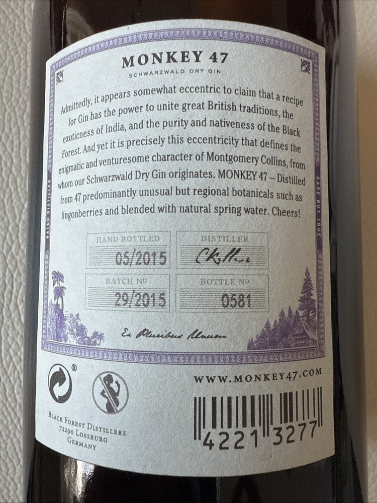 Empty Monkey 47 Schwarzwald Dry Gin Bottle 500ml