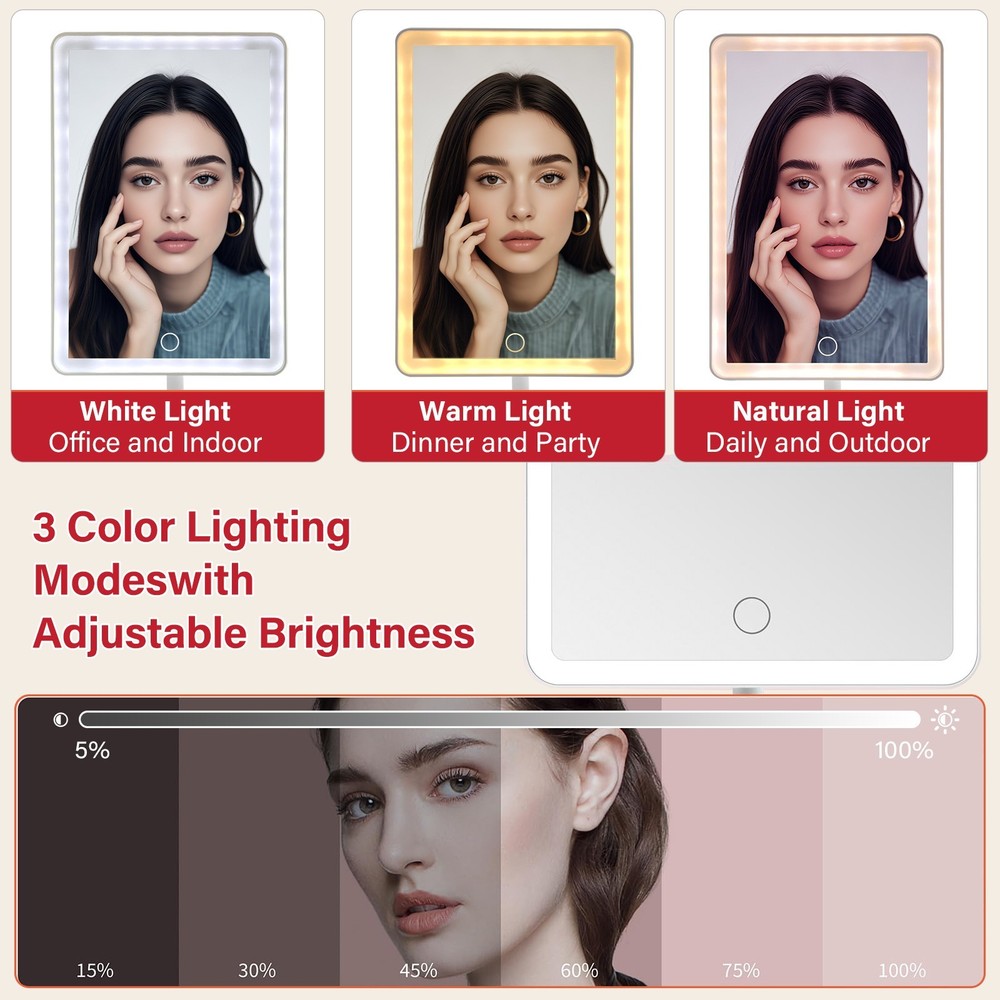 Rechargeable Makeup Mirror,360° rotation,Touch Control,3 Color Dimmable