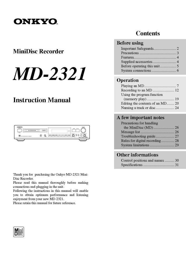 Onkyo MD-2321 Minidisc Recorder Owners Manual