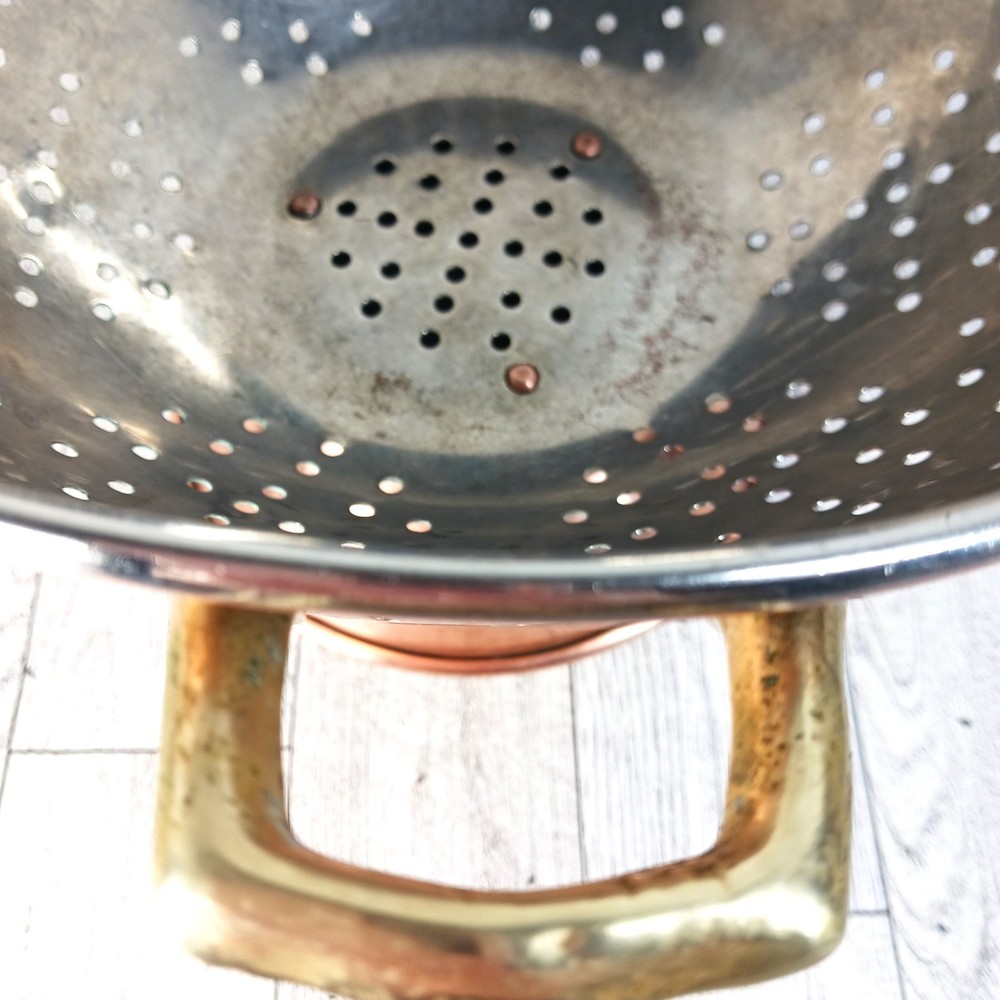Vintage Copper Colander with Brass Handles 9” Tin-Lined Footed Strainer