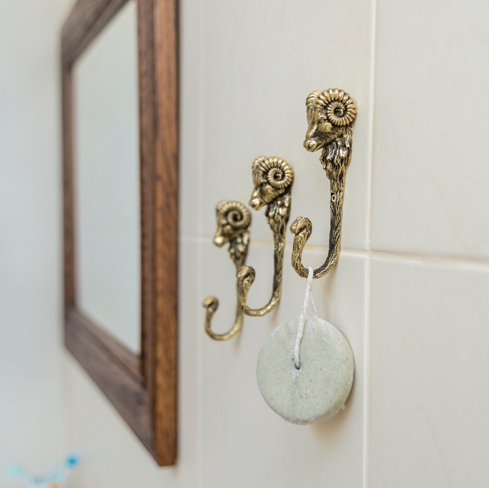 Aries Ram Head Decorative Hook, Wall Mounted Brass Ram Head Hook.