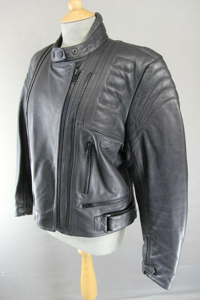 RIDER BLACK LEATHER BIKER JACKET WITH REMOVABLE BACK PROTECTOR, SIZE 16