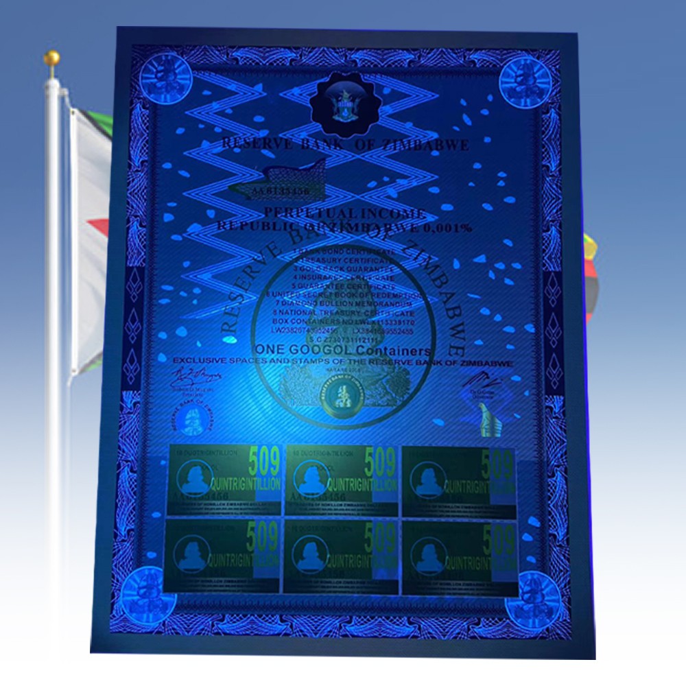 One Googol Containers Zimbabwe Paper Certificate UV Commemorative Banknote