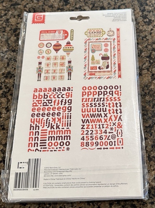 Basic Grey ASPEN FROST Designer Chipboard Stickers Christmas Alphabet 4 Sheets