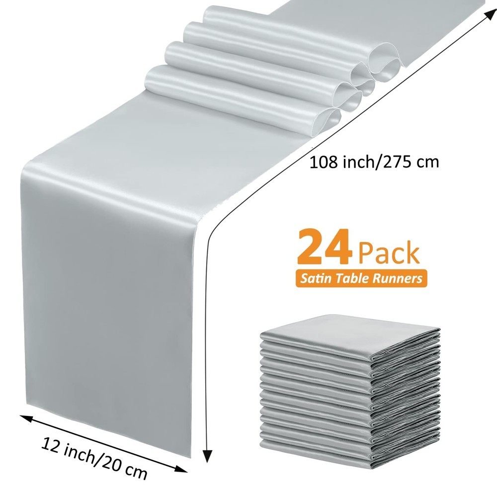 24PCS Silver Satin Table Runners 12"x108" Wedding & Party Table Decor
