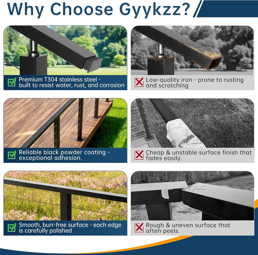 10FT Black Stainless Steel Handrail - 4 Pack for Cable Railing System