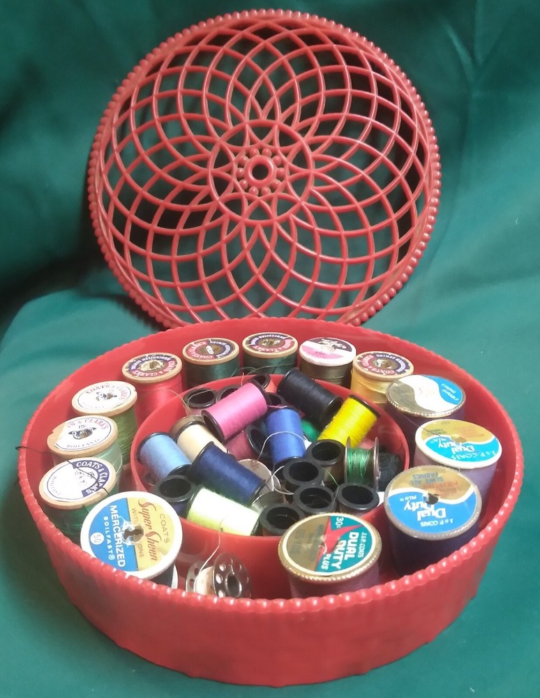 Vintage Red Plastic Thread Basket & Contents