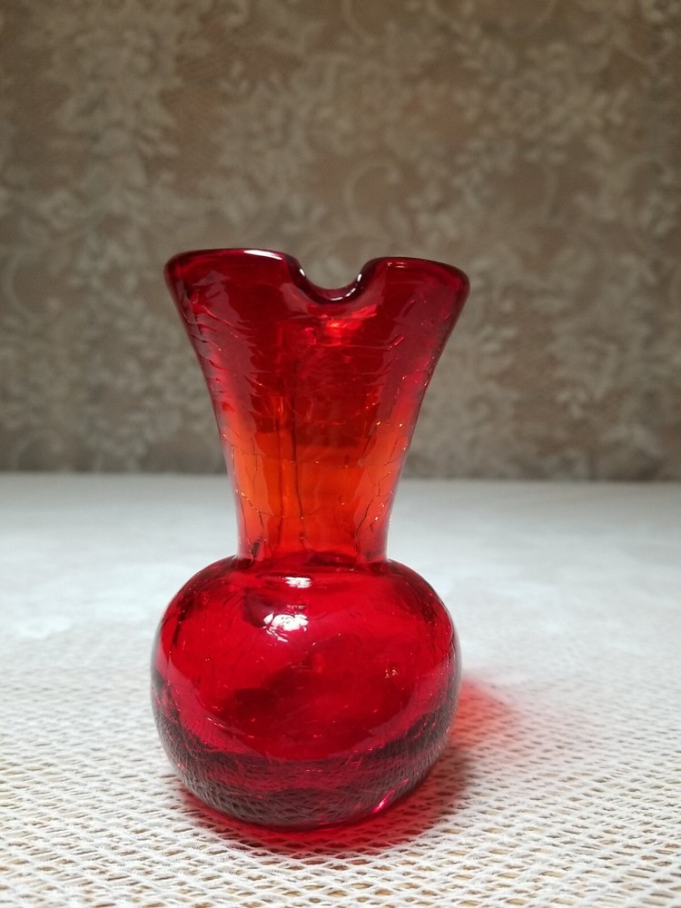 Crackle Glass Red Hand Blown 3.75" Pitcher