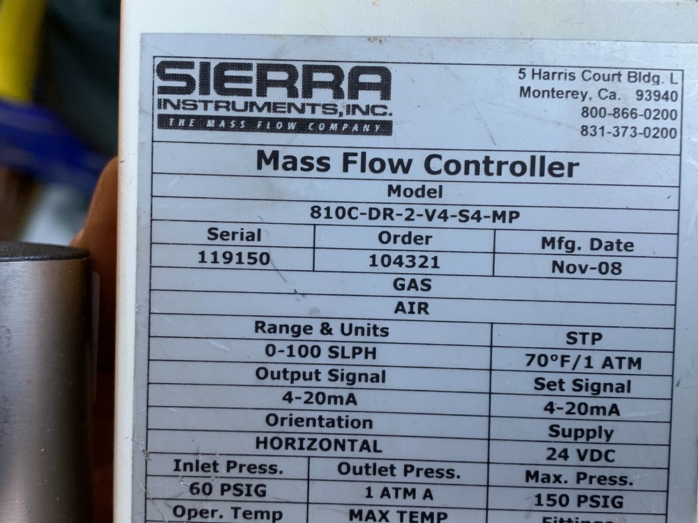 Sierra Mass Trak Mass Flow Controller 810C-DR-2-V4-S4-MP