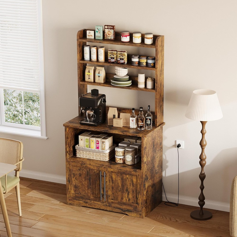 Farmhouse Bakers Rack with Power Outlets Microwave Stand Kitchen Hutch Pantry