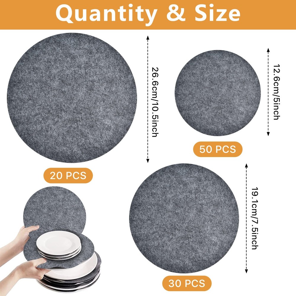 100 Pack Felt Plate Storage Dividers 3 Sizes Thick Round Dish Protectors Grey