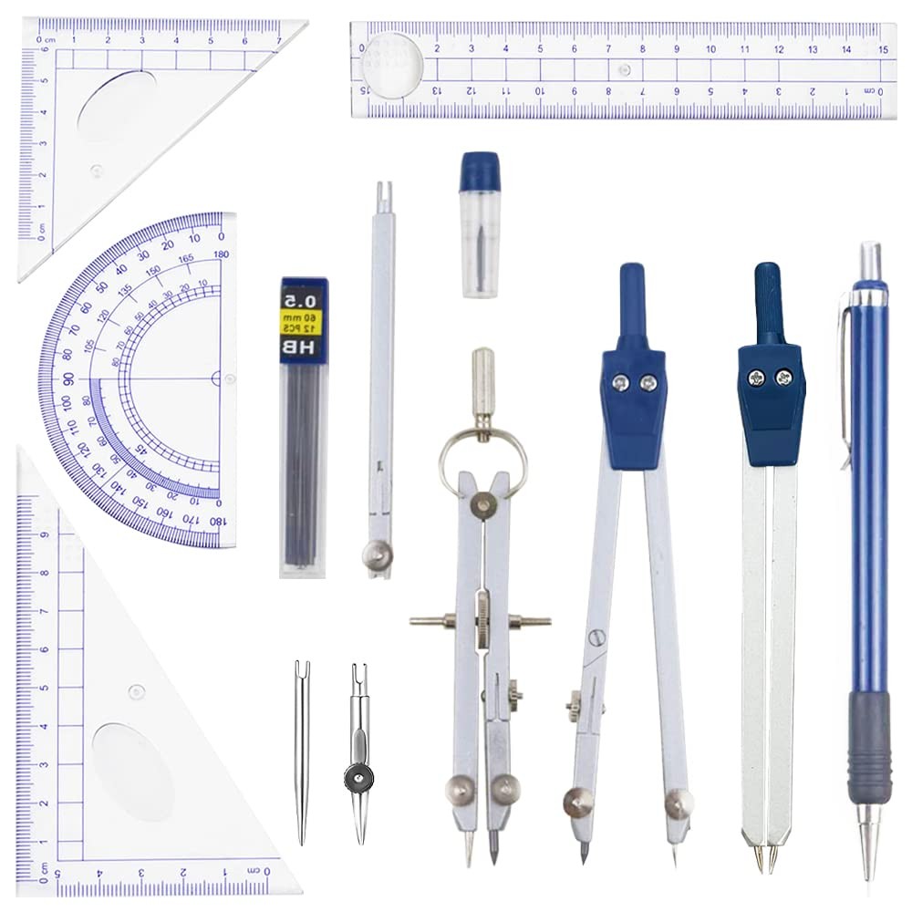 13 Pcs Geometry Set Compass Math Protractors Triangle Rulers Pencils Storage