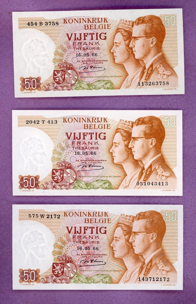 BELGIUM ~ 1966 ~ 50 FRANCS NOTE LOT ~ CH CU ~ 3 NOTES