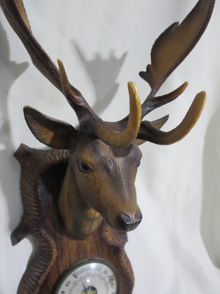 Black Forest Design Hard Plastic Deer Head Barometer Thermometer Wall Hanging