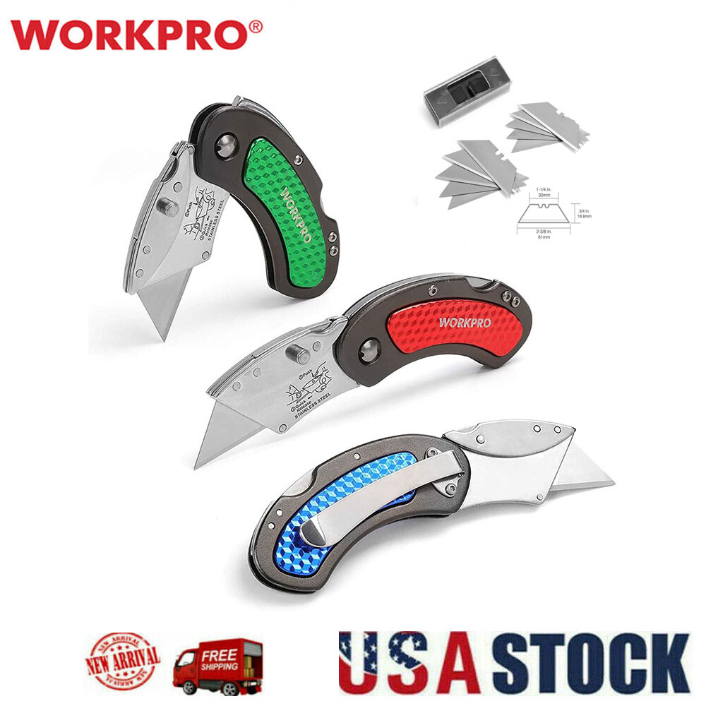 WORKPRO 3PC Folding Utility Knife Set Quick Change/Back-lock w/10PC Extra Blades