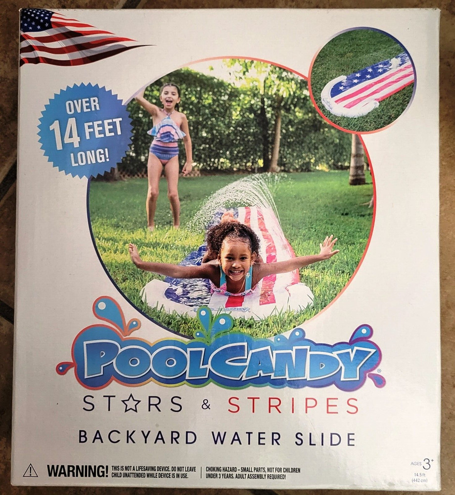 PoolCandy Stars & Stripes Backyard Water Slide 14'+ Long Splash Pad Inflatable