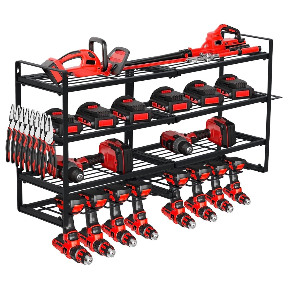 4-Layer Power Tool Organizer Wall Mount 8 Drill Holders Drill Bit Rack Garage Wo