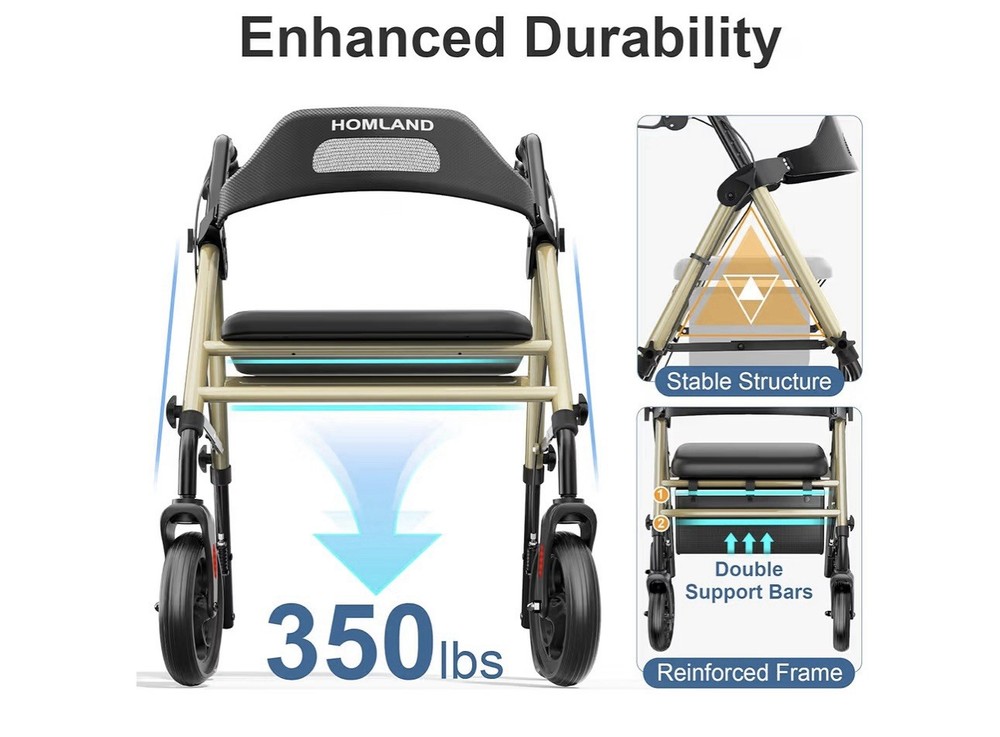 LIGHTWEIGHT FOLDABLE Rollator Walker for Seniors, 350 lb Capacity, 8'' Wheels
