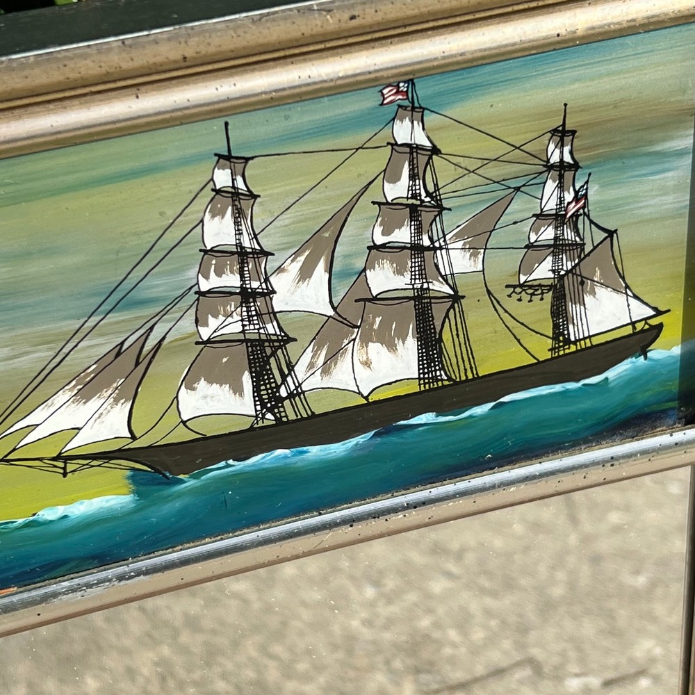 Vintage Reverse Painted Schooner Nautical Trumeau Mirror