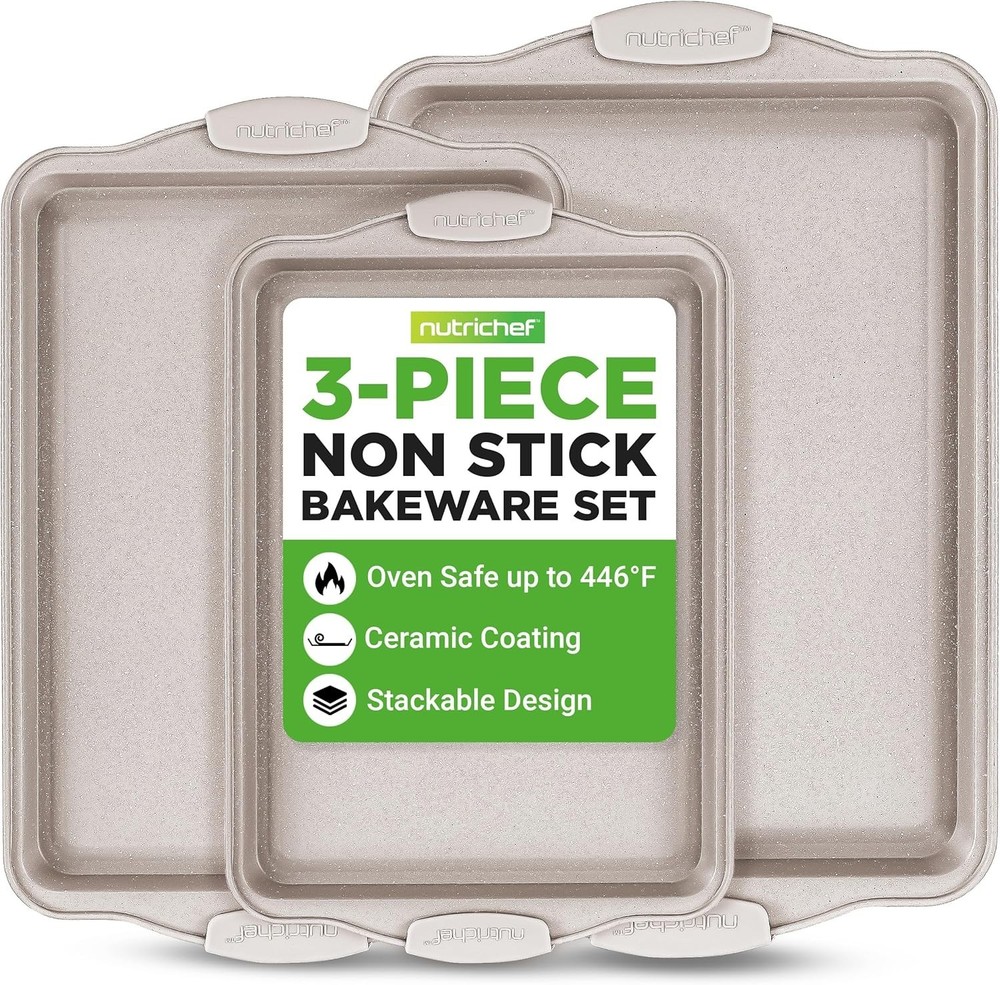 NutriChef NCBKT3CM 3 Piece Nonstick Cookie Sheets for Baking (Open Box)