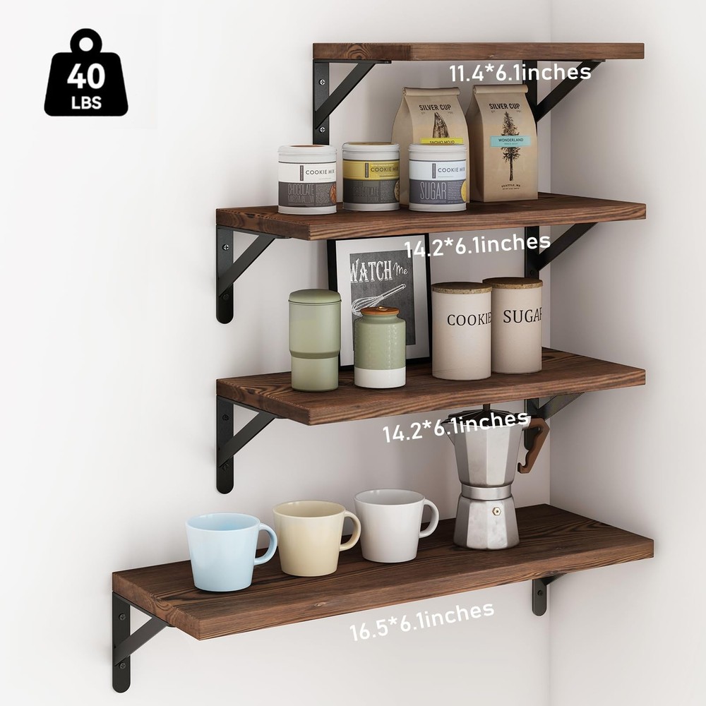 YGEOMER Floating Shelves for Wall, Different Sizes Dark Carbonized Pine Wall ...