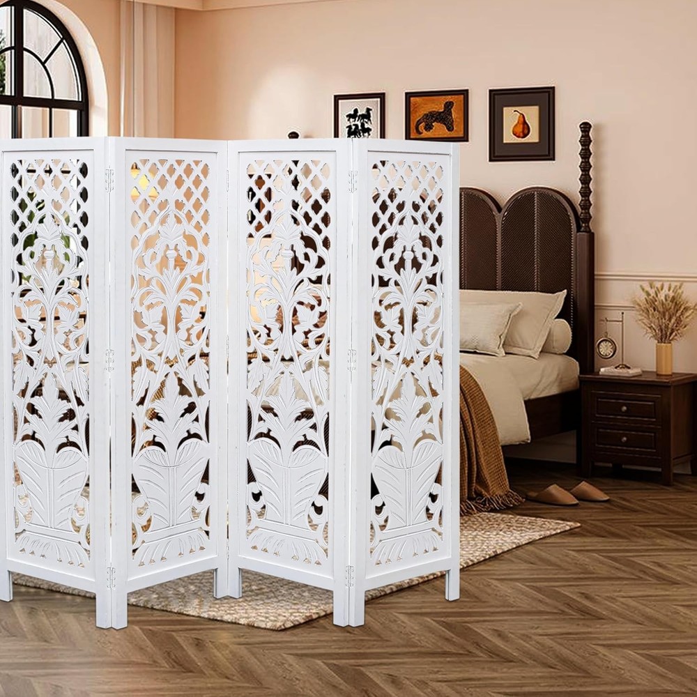 Room Divider Wood Screen Panel – White, 4-Panel Folding 64"x54", Hand-Carved,...