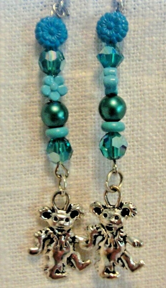 GRATEFUL DEAD DANCING BEAR BEADED DANGLE EARRINGS-BLUE