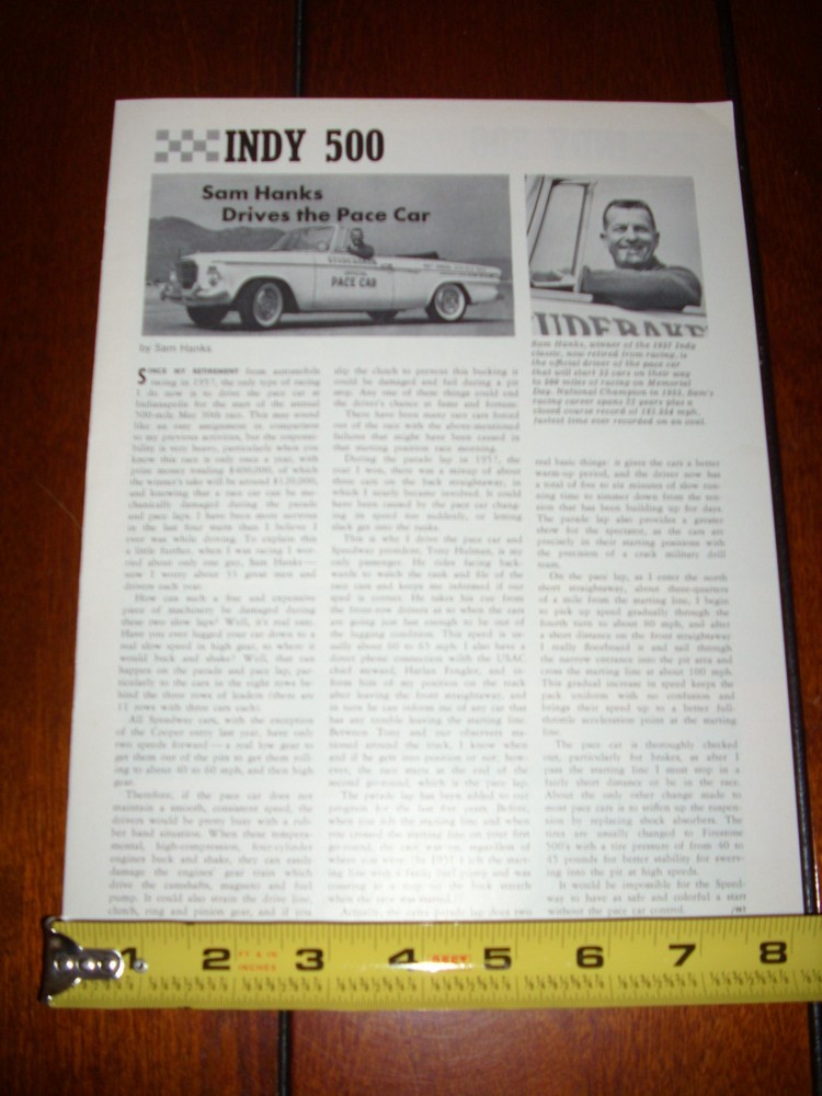 1962 STUDEBAKER INDY 500 PACE CAR ORIGINAL ARTICLE