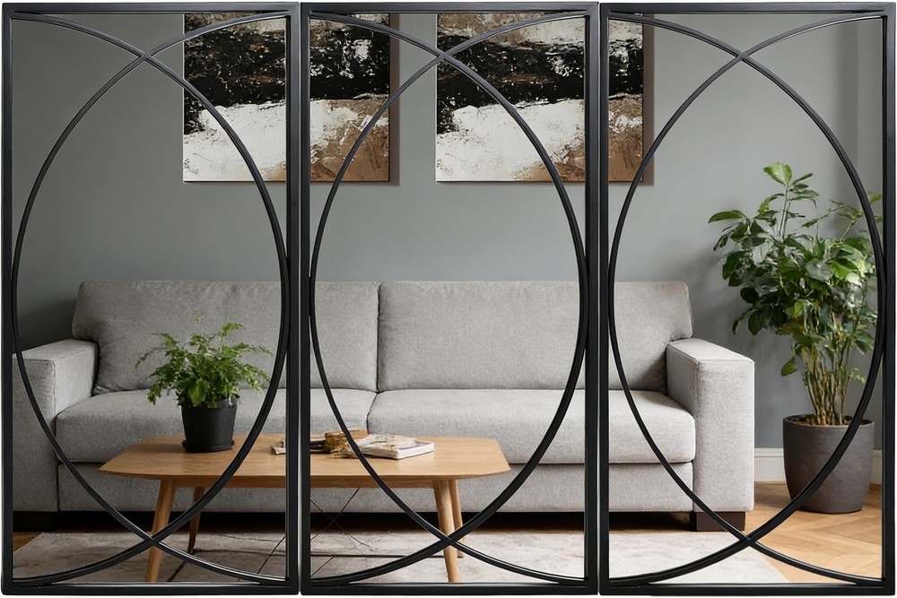 3 Pieces Black Rectangular Wall Mirror Set - Large Modern Metal Accent Mirror...
