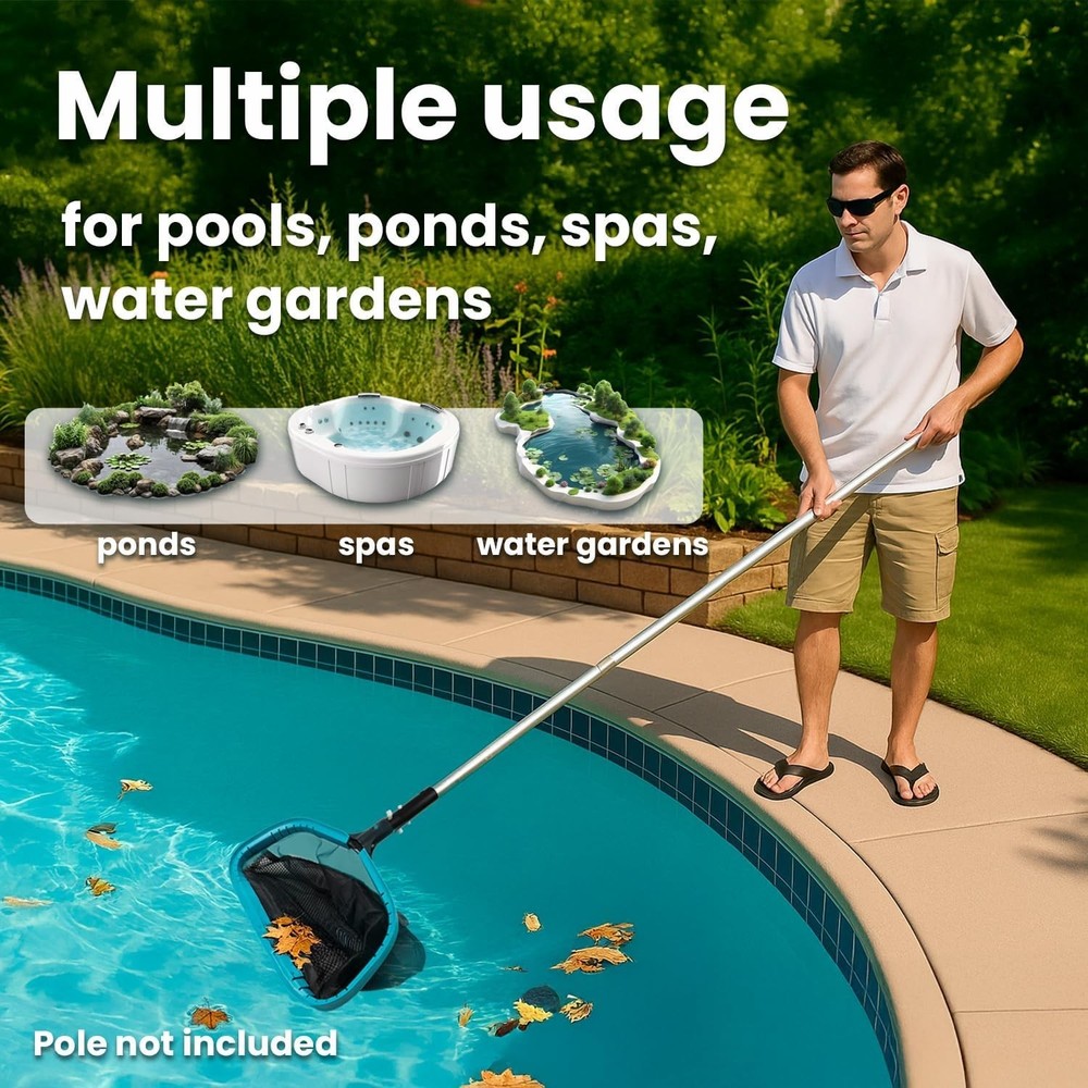 17-Inch Pool Leaf Skimmer Net Sturdy Aluminum Frame Deep Double Layer Easy Sc...