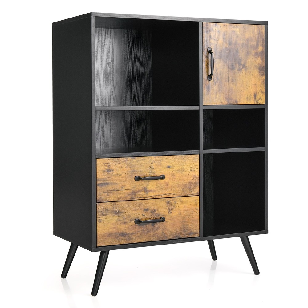 Buffet Cabinet w/ Spacious Tabletop & 2 Pull-out Drawers Rustic Brown Black