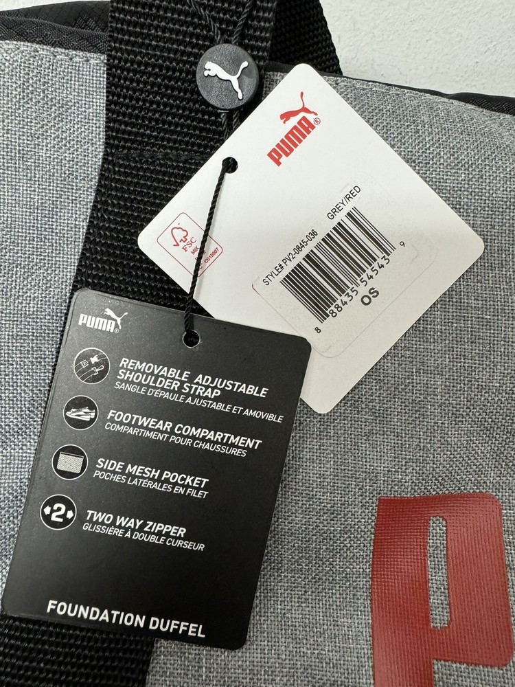 Puma Foundation Duffel Bag with Removable Shoulder Strap, Grey/Red - NWT!