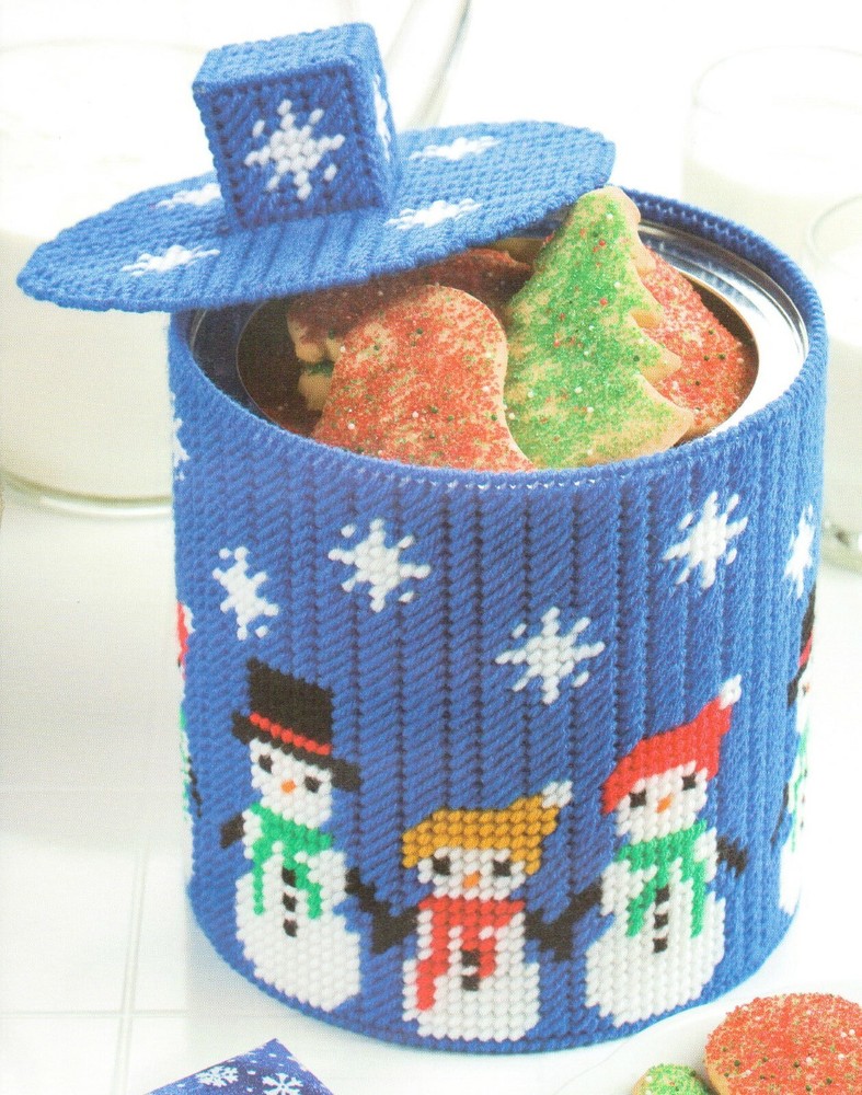 SNOW PEOPLE COOKIE JAR SNOWMEN CHRISTMAS PLASTIC CANVAS PATTERN INSTRUCTIONS