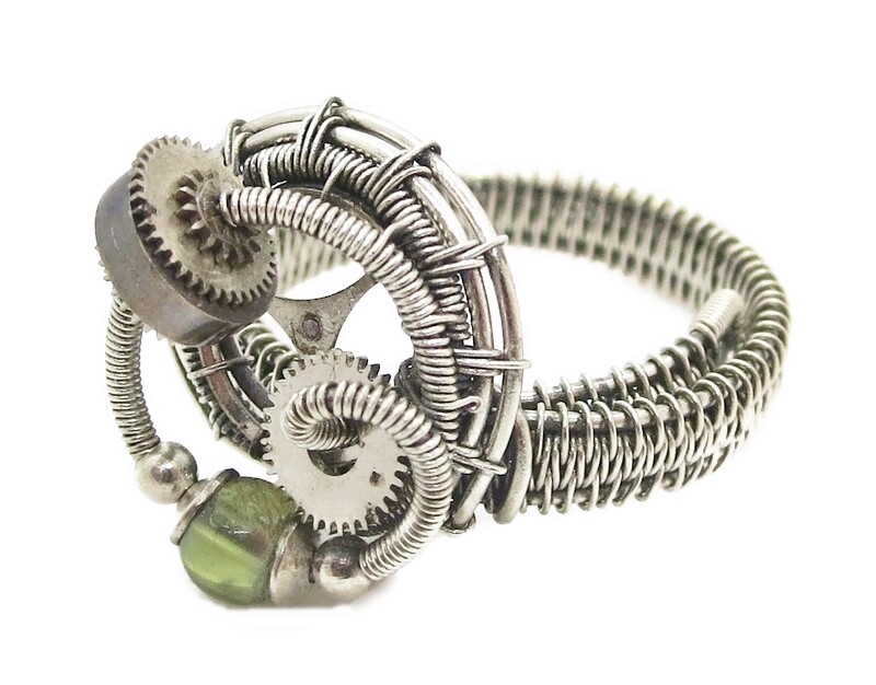 Adjustable Peridot Steampunk Ring in Sterling Silver & Stainless Steel