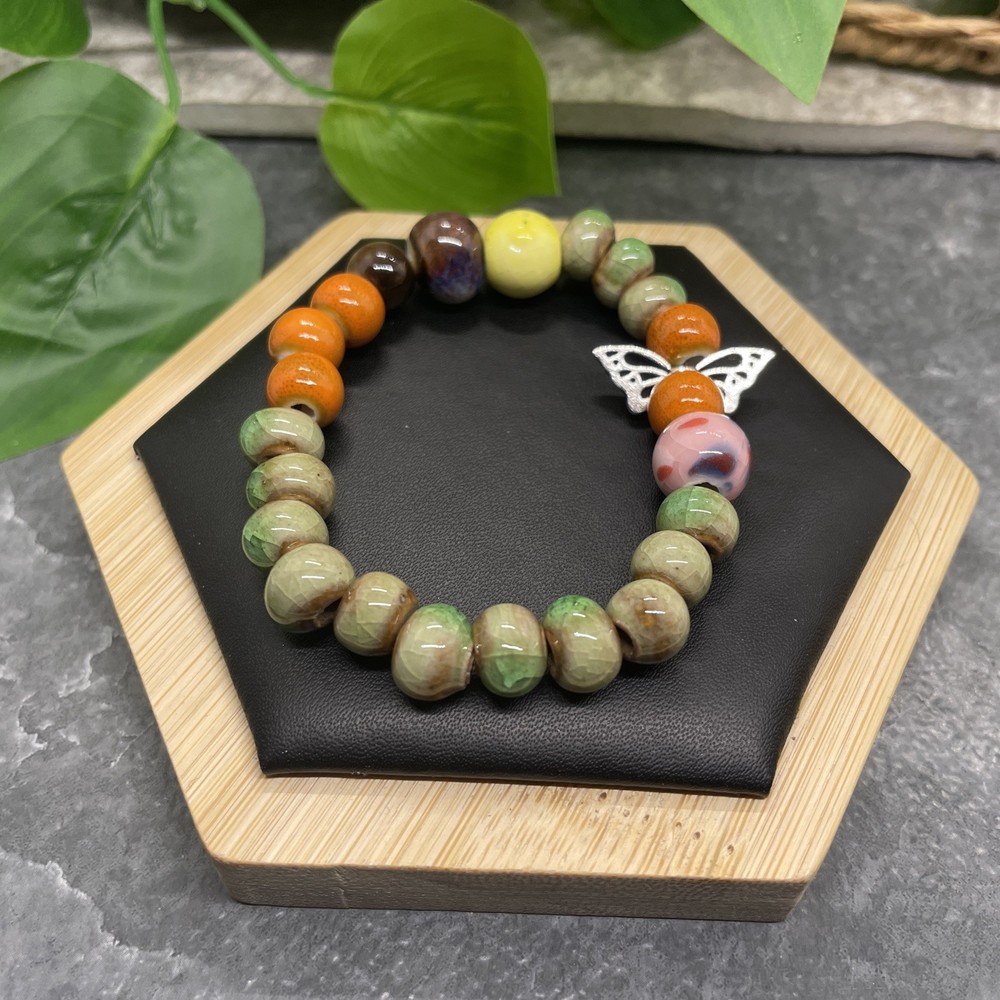 Handmade Ceramic Bead Beaded Stackable 6.5” Plus Stretch Bracelet New B485