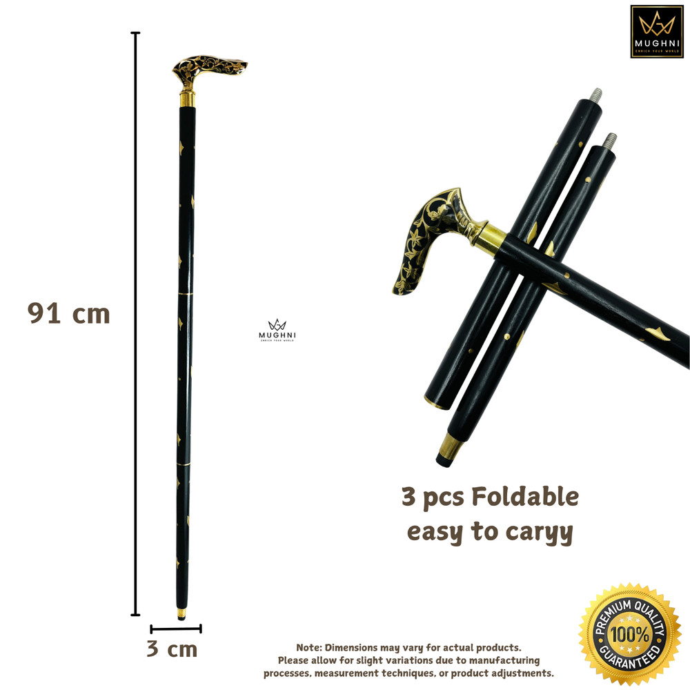 Walking Cane Foldable Brass Floral Handle Black Stick Mobility Gift Prop Use