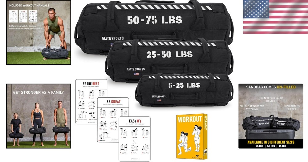 Elite Workout Sandbag 50-75 lbs for Strength Training – Multiple Handle Design