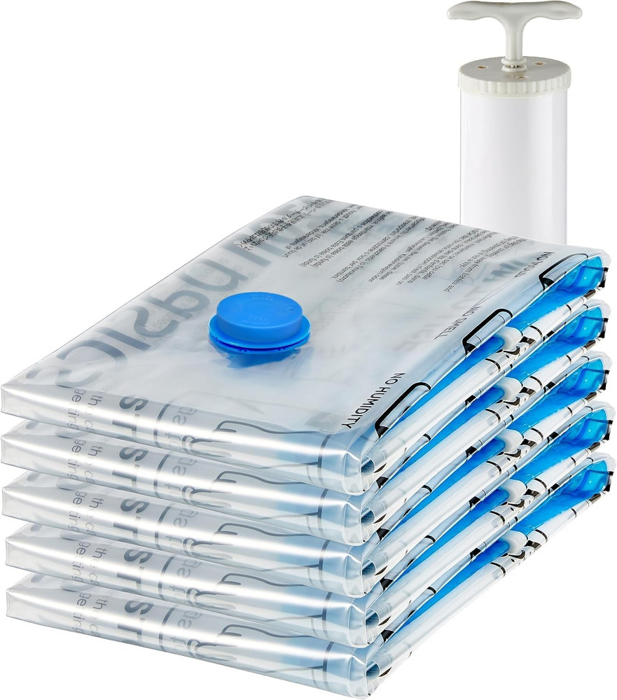 Vacuum Storage Bags for Clothes, Medium, 5-Pack, Compression Zipper, White/Sky B